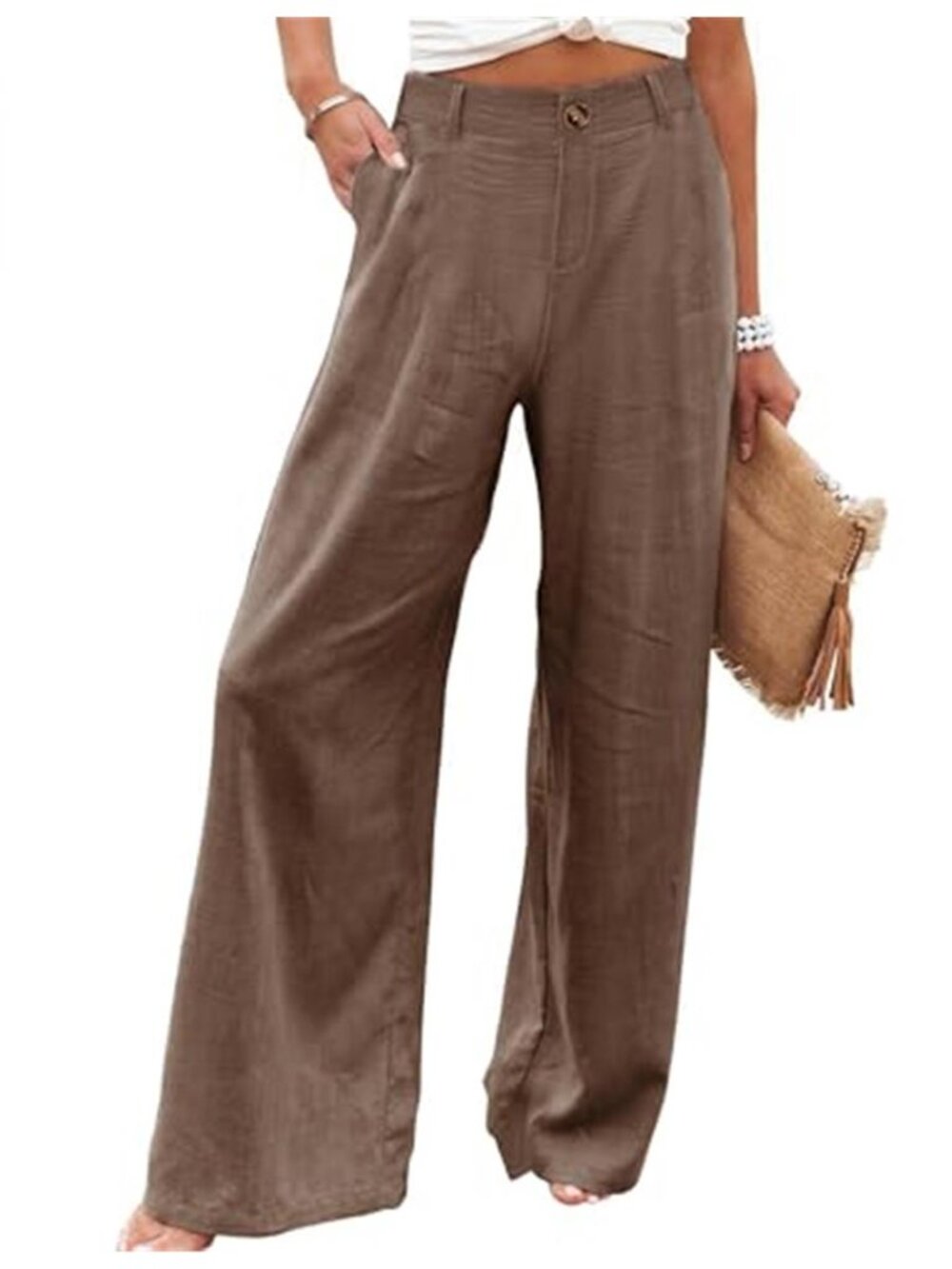 Womens Cotton Linen Wide Leg Pants Button Front High Waist Casual Beach Trousers